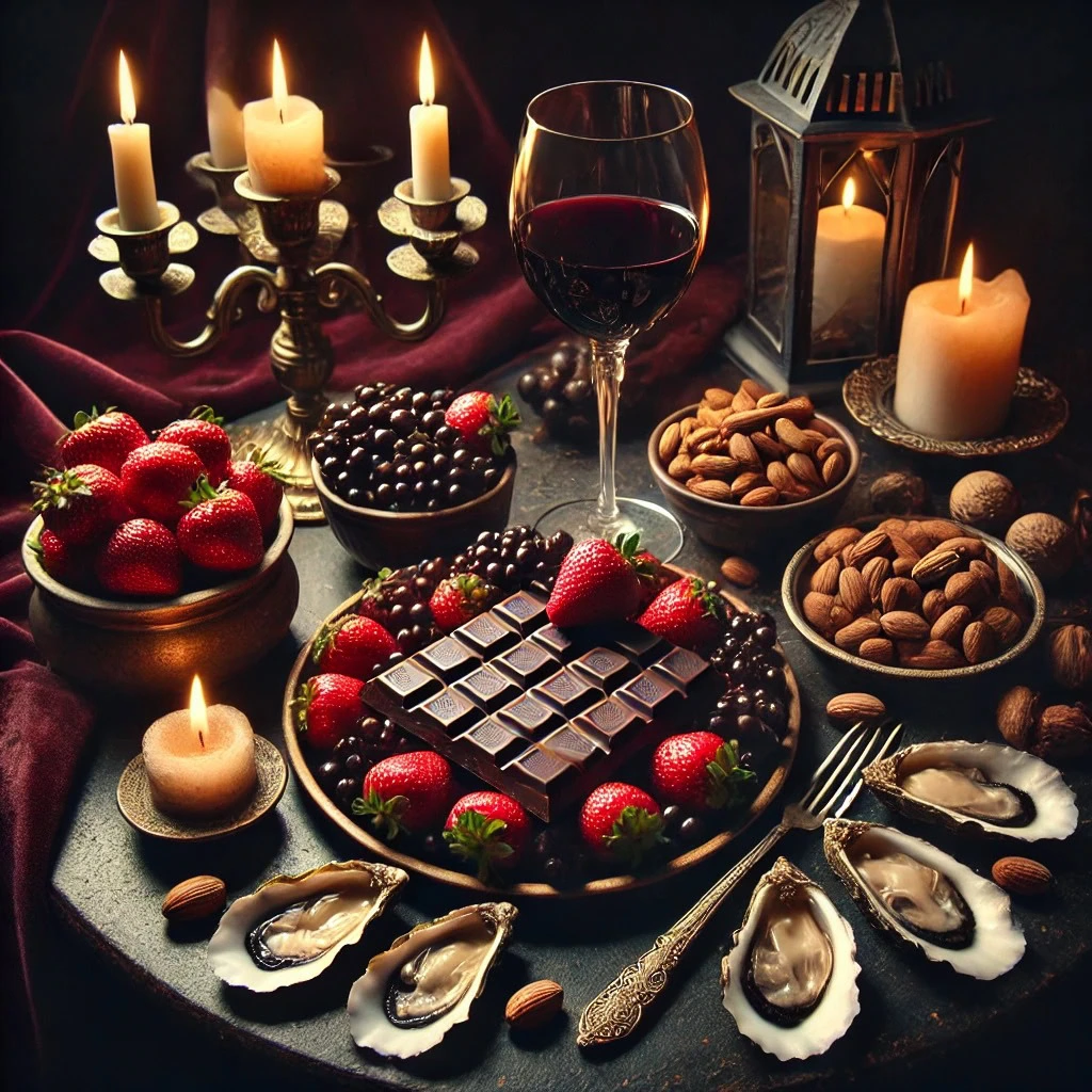 Mesa sensual com alimentos afrodisíacos como chocolate amargo, ostras, castanhas e morangos - ideais para melhorar o desempenho sexual e aumentar a libido naturalmente