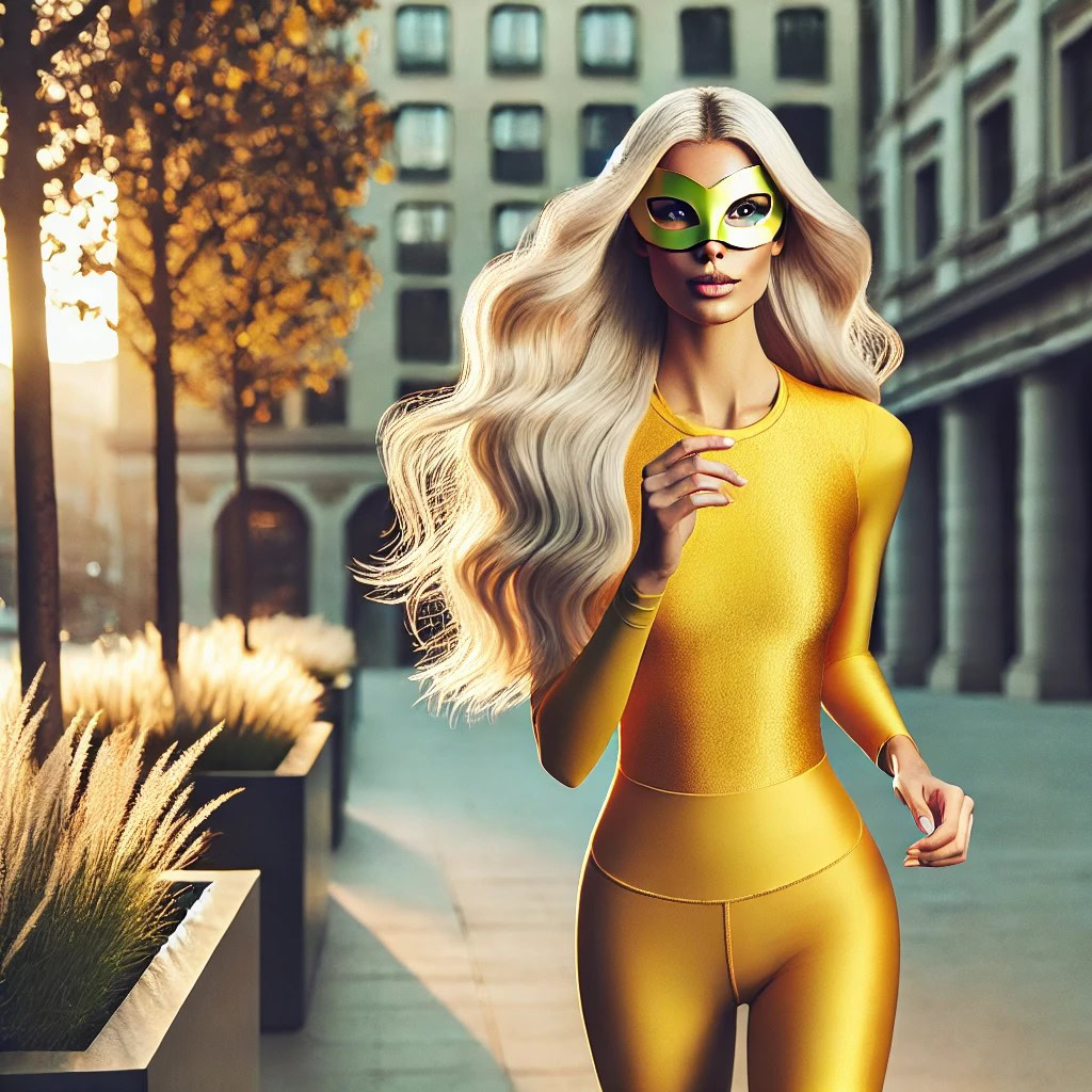 Mulher loira com máscara dourada correndo com elegância em parque urbano, representando como a atividade física melhora o desempenho sexual e a energia vital