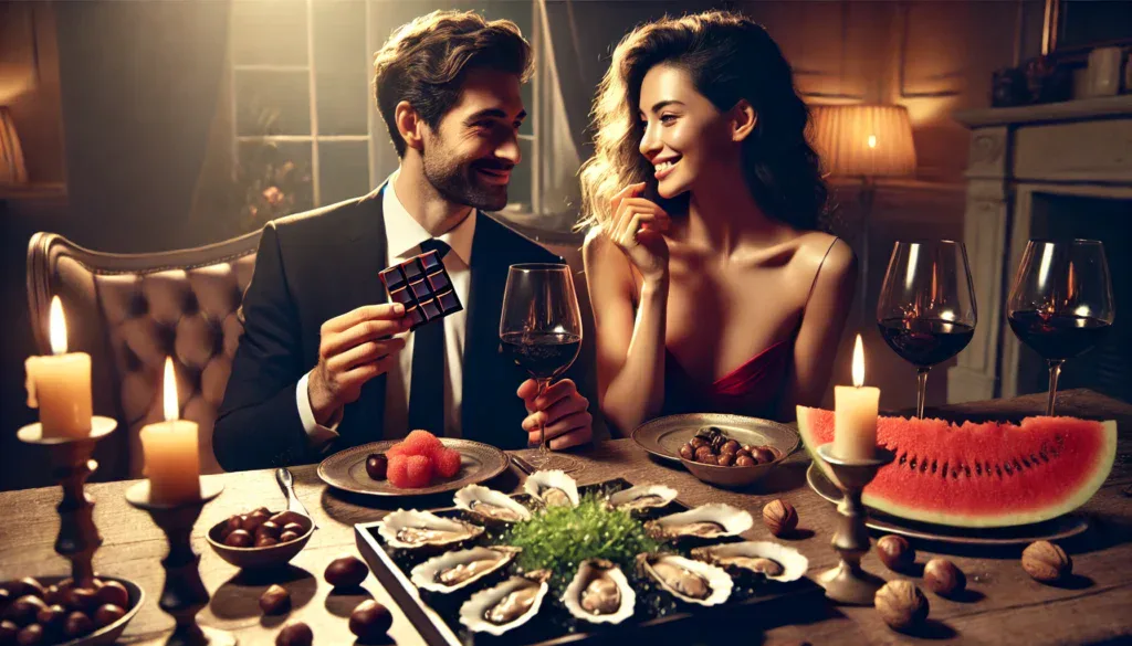 Casal compartilhando um jantar romântico com alimentos afrodisíacos, como ostras, chocolate amargo e vinho tinto, em um ambiente íntimo e aconchegante.
