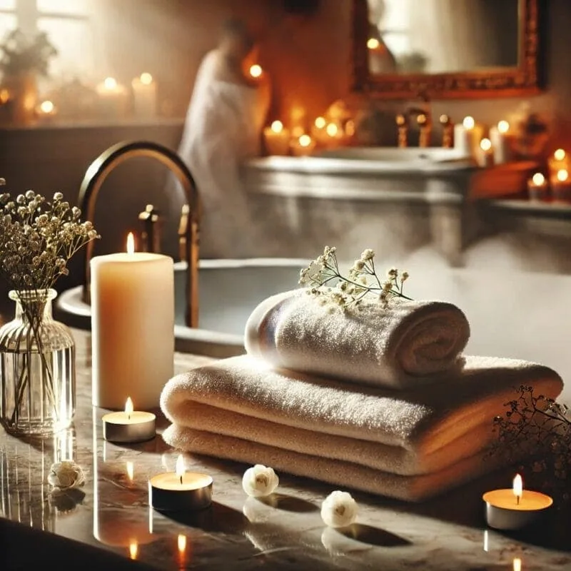 Toalha branca em banheiro luxuoso com vela e flores - atmosfera de autocuidado feminino e higiene íntima