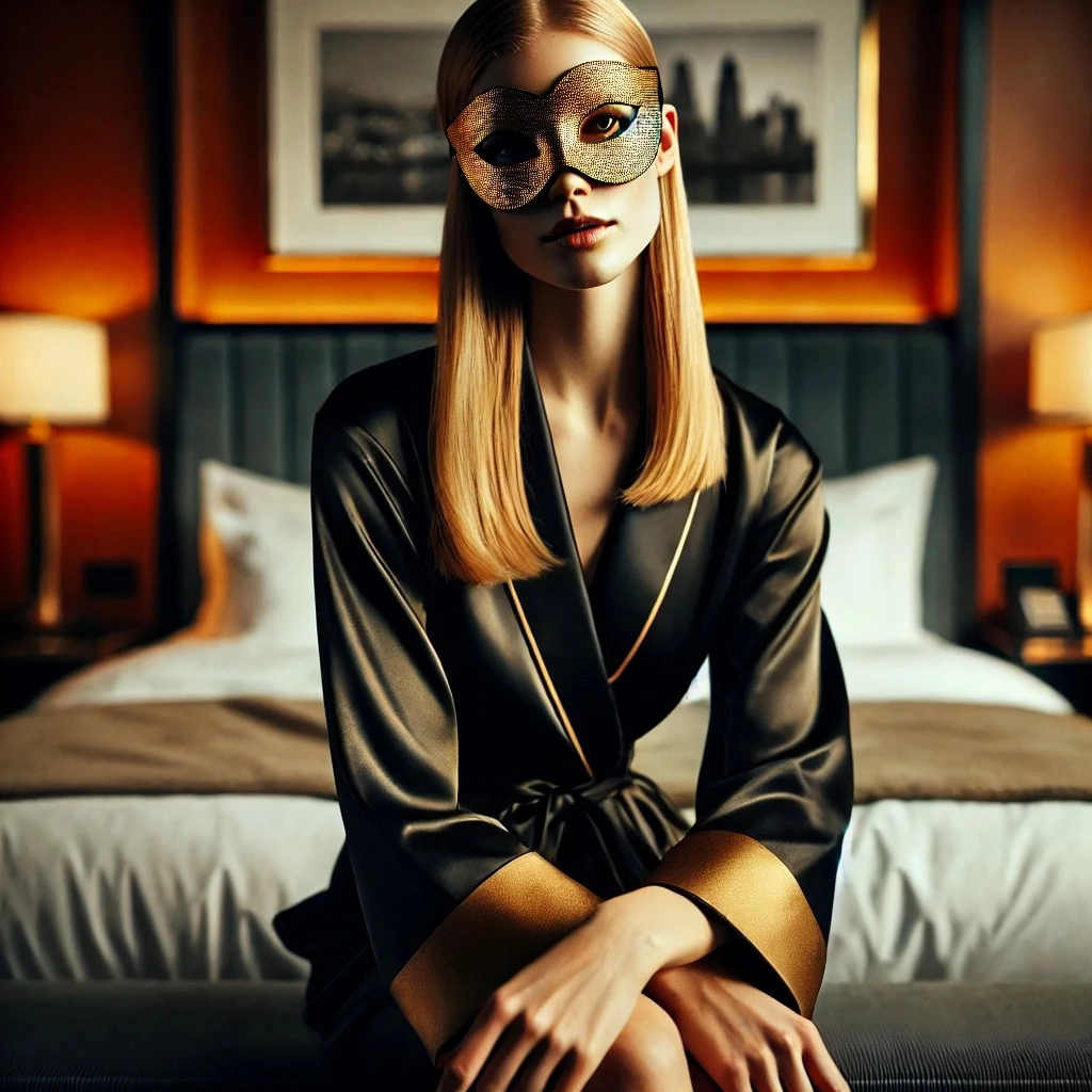 mindset sedutor de uma acompanhante de luxo com máscara dourada e visual elegante