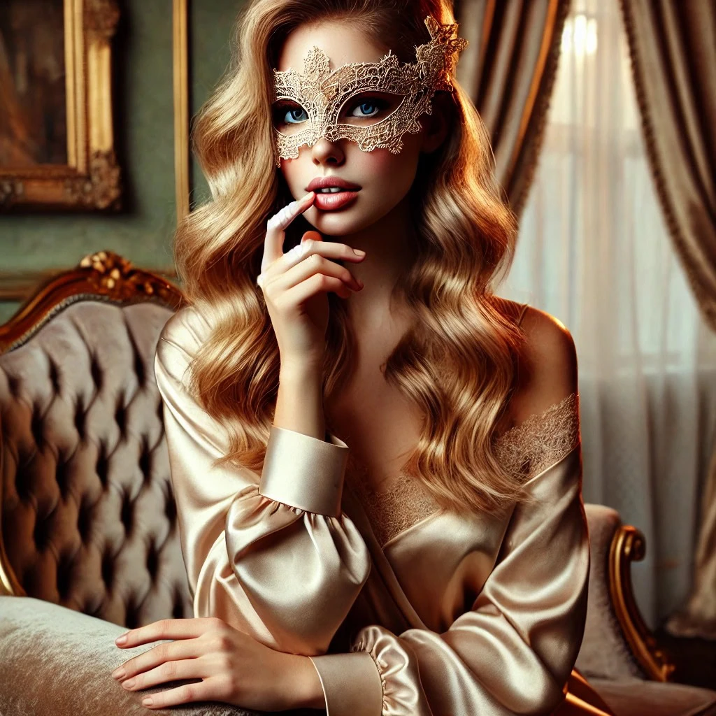 Mulher elegante de cabelos loiros ondulados, usando máscara veneziana dourada e robe de cetim champagne, sentada com charme em poltrona de veludo, com um dedo próximo aos lábios em gesto sutil de silêncio sedutor.