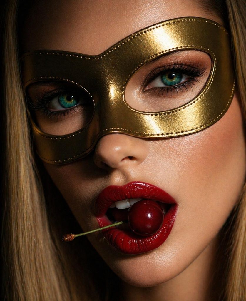 Retrato sensual de mulher mordendo cereja, evocando o erotismo sofisticado das técnicas avançadas de prazer oral
