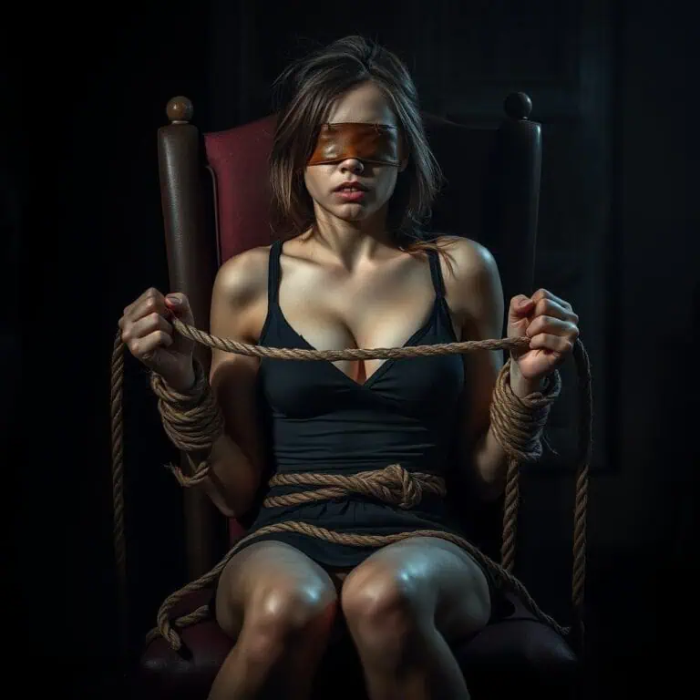 Mulher vendada com um sorriso provocante enquanto seu parceiro toca seu rosto, ilustrando um dos Jogos Eróticos Para Casais mais sensoriais.