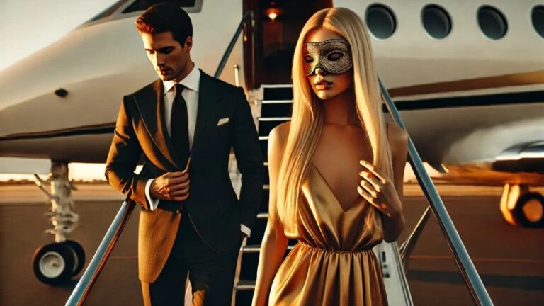 Casal elegante embarcando em jato particular ao pôr do sol, com acompanhante de luxo para viagem usando máscara dourada