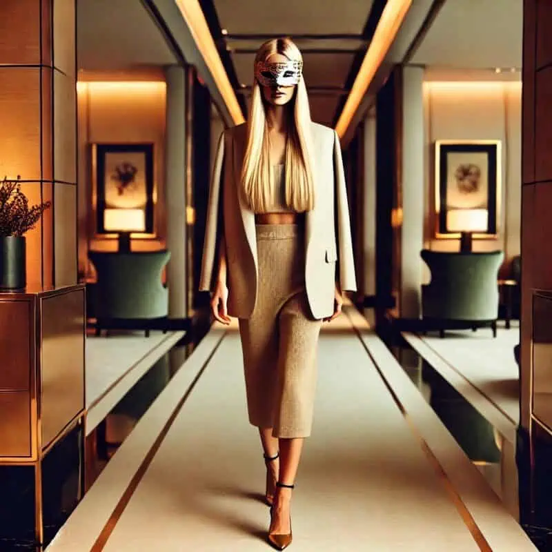Mulher loira com máscara dourada caminhando com confiança em corredor de hotel cinco estrelas, simbolizando sucesso e elegância
