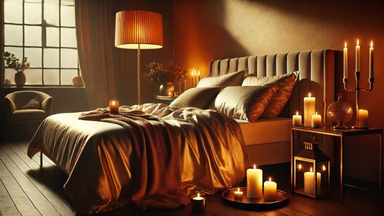 Ambiente Erótico no Quarto com luz âmbar lateral, cama de cetim e velas desfocadas criando clima íntimo e sofisticado