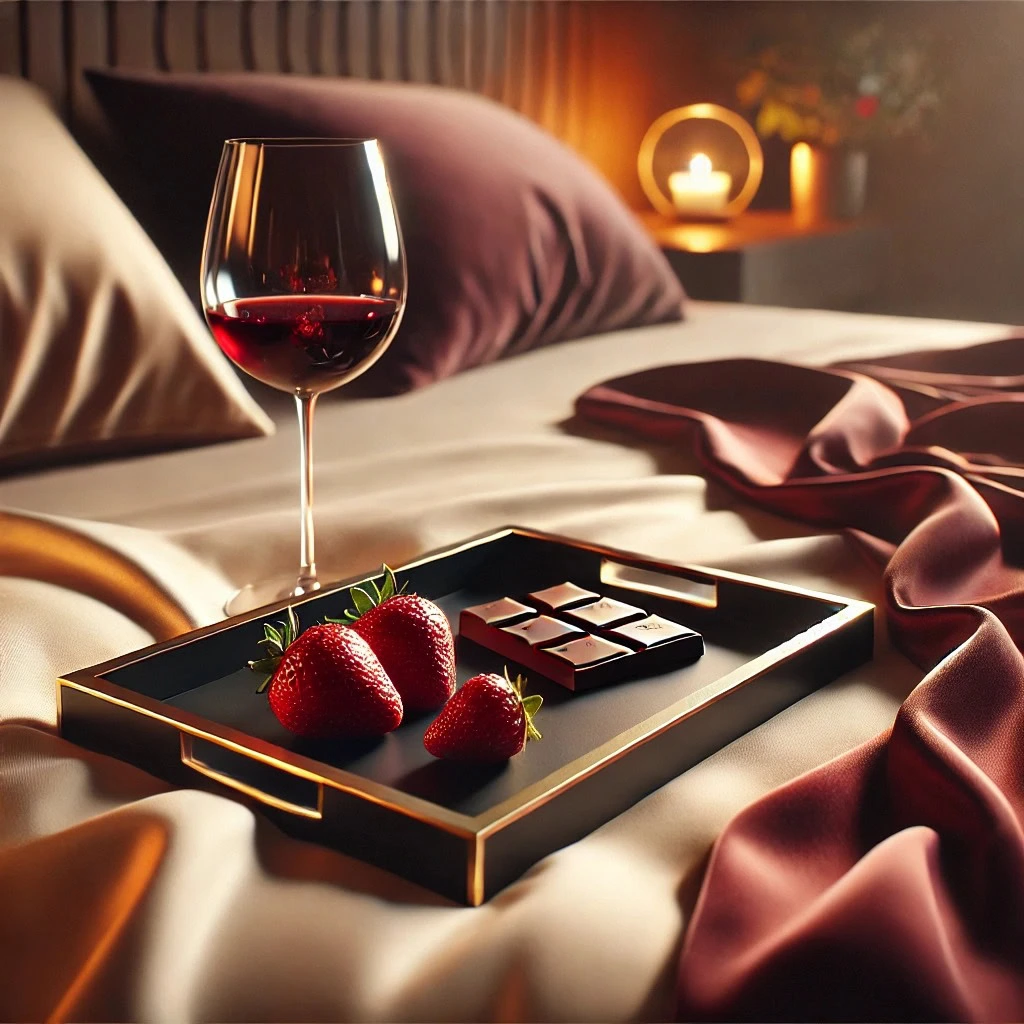 Ambiente Erótico no Quarto com bandeja de morangos e vinho sobre cetim, veludo e seda sugerindo texturas sensoriais