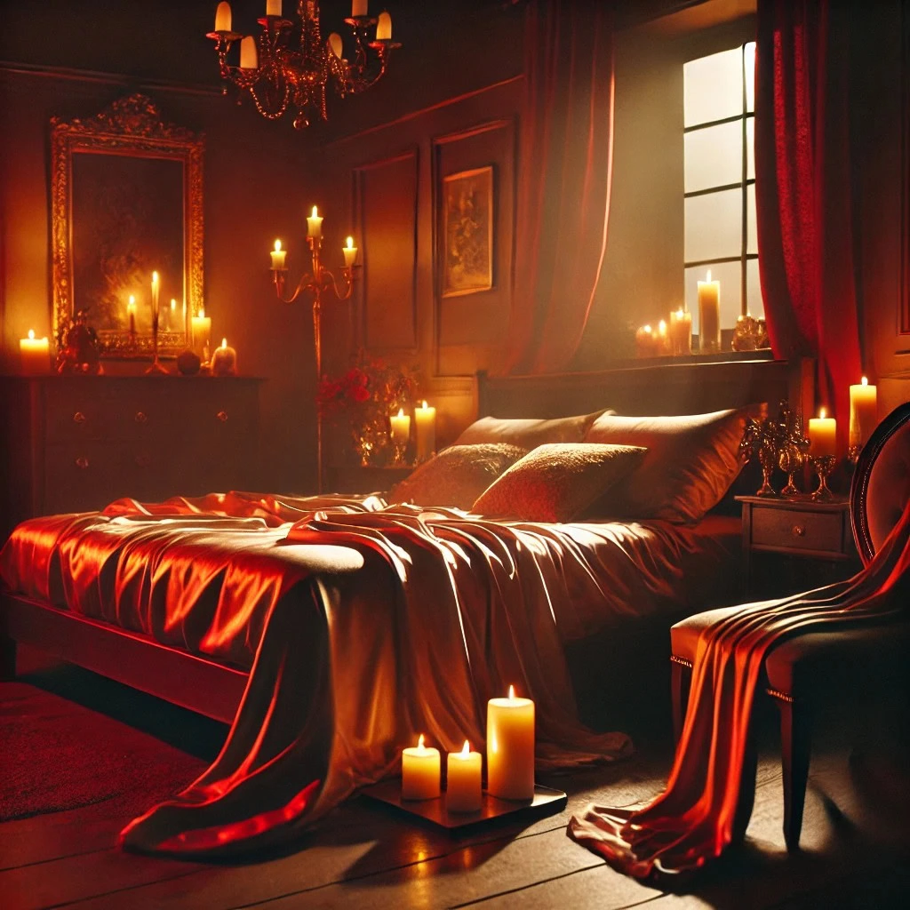 Quarto com luz vermelha e velas, preparado para transformar uma fantasia sexual em realidade com atmosfera íntima e sensual.