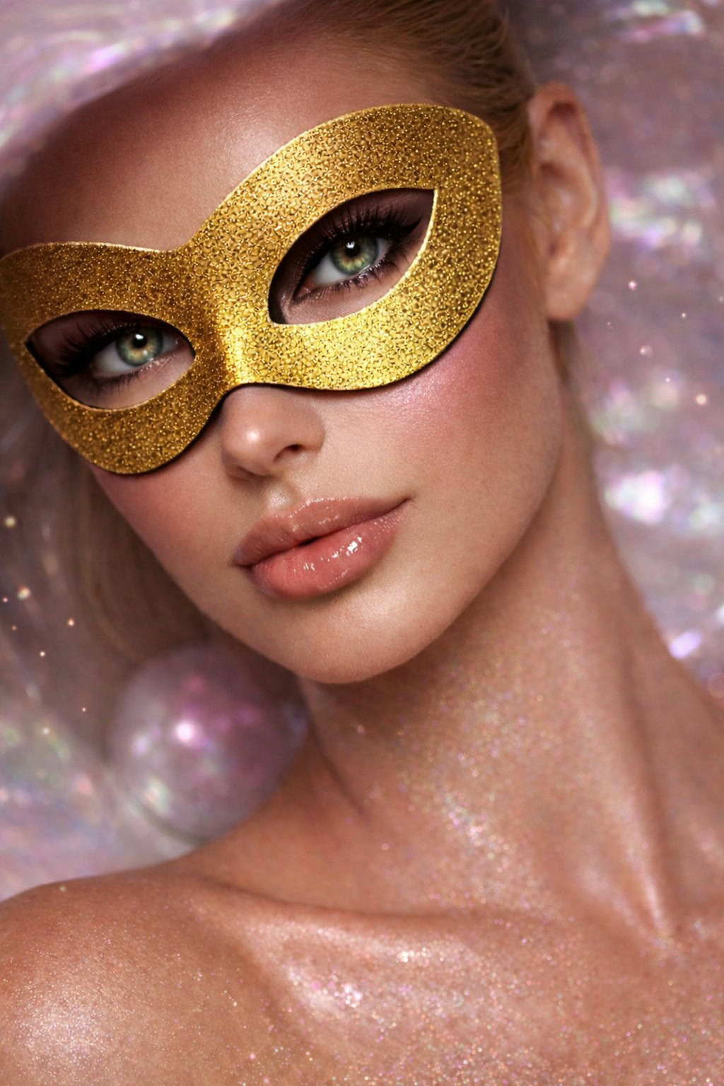Close beauty com pele iluminada, lábios com brilho e fundo bokeh sofisticado, estética premium para portfólio de luxo