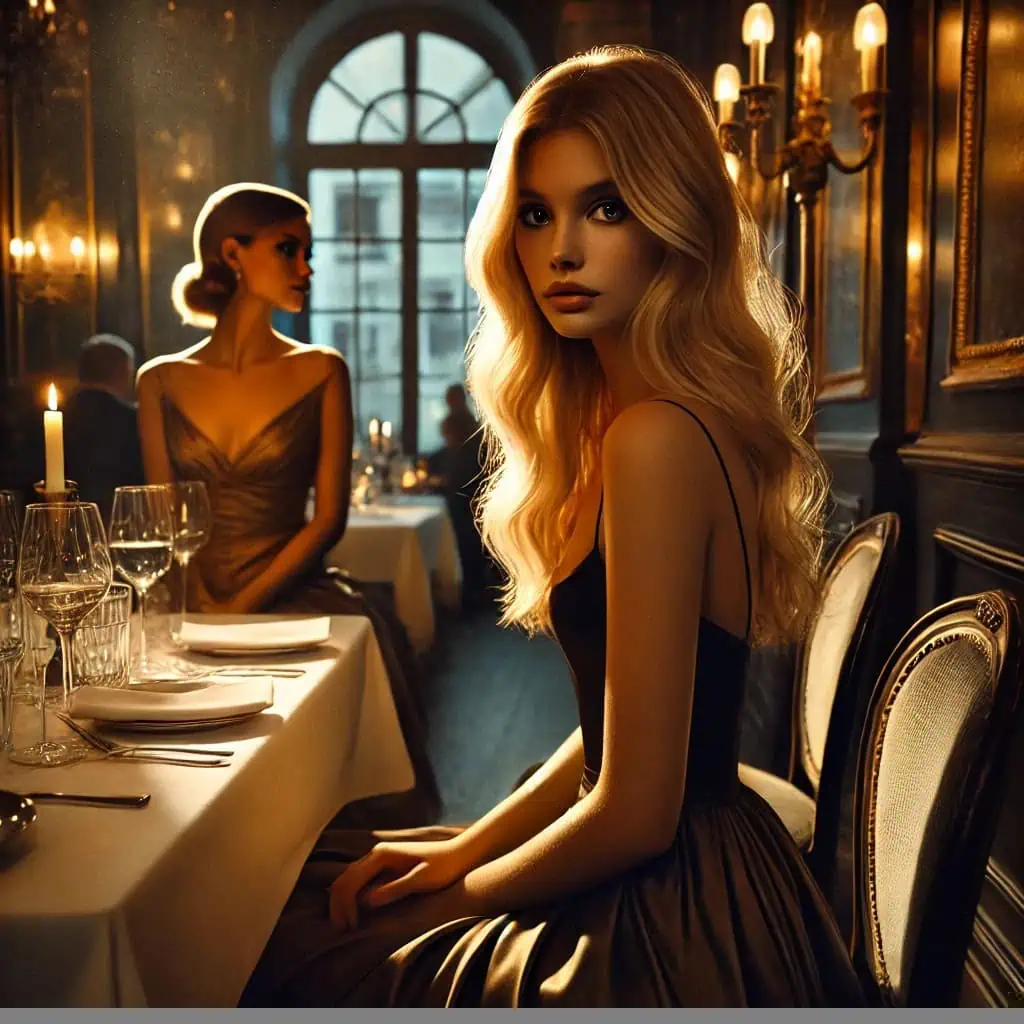 Jovem Isa aos 19 anos em um restaurante sofisticado de Lisboa, encarando o momento decisivo que transformaria sua vida para sempre - o início da sua jornada como acompanhante de luxo.