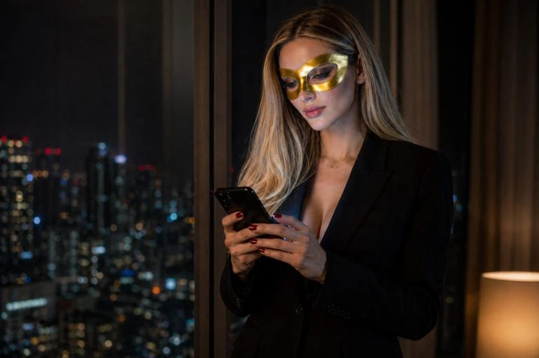 Isa DeLuca revisando configurações digitais no smartphone, ensinando o método correto para comunicar com clientes com segurança e sigilo.