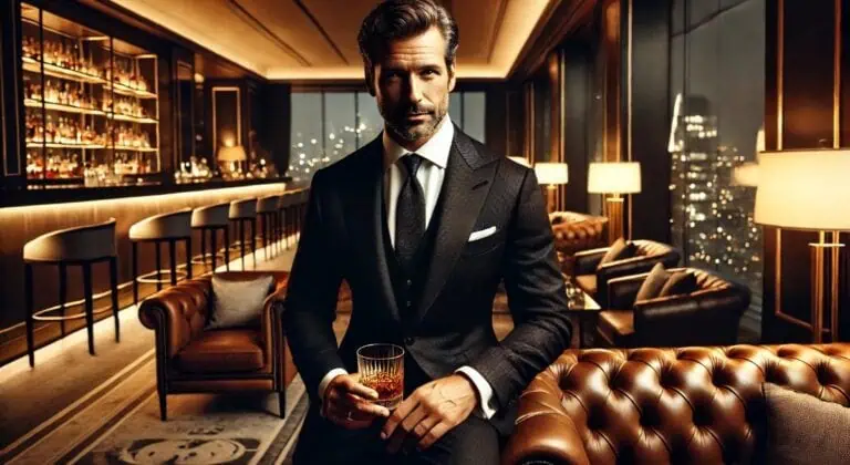 Homem elegante se preparando para sua primeira vez com uma acompanhante em um hotel de luxo.