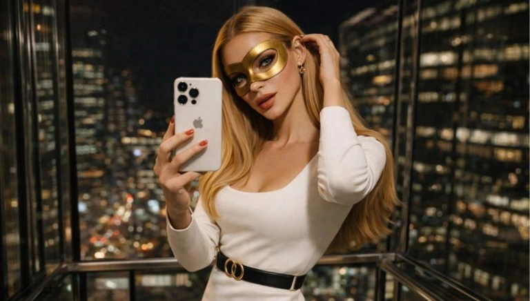 Uma mulher elegante com o rosto coberto de forma misteriosa posa para um autorretrato noturno, ilustrando técnicas de fotos profissionais para acompanhantes que valorizam a discrição.