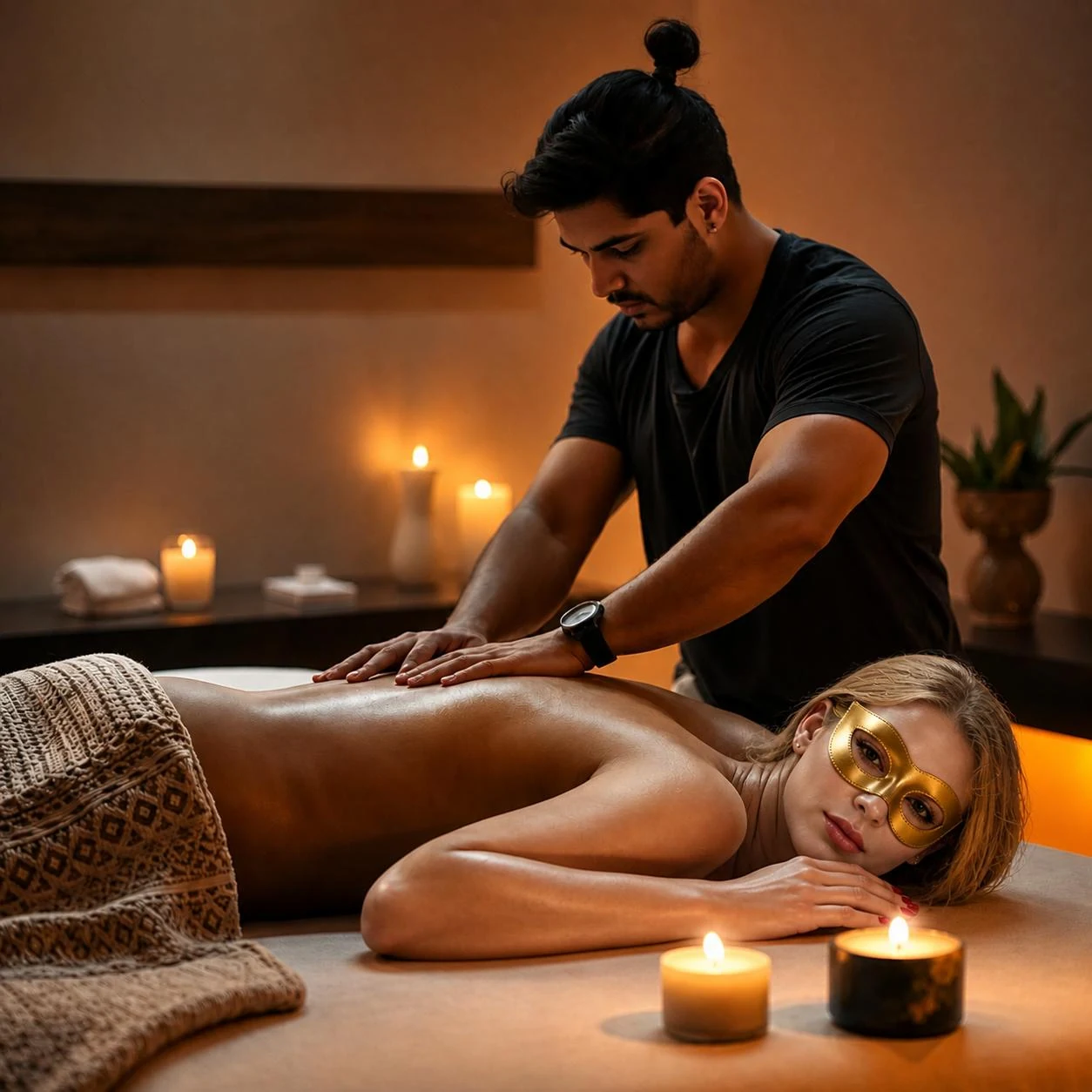 Técnicas de massagem erótica aplicadas com ritmo lento em superfície coberta com óleo