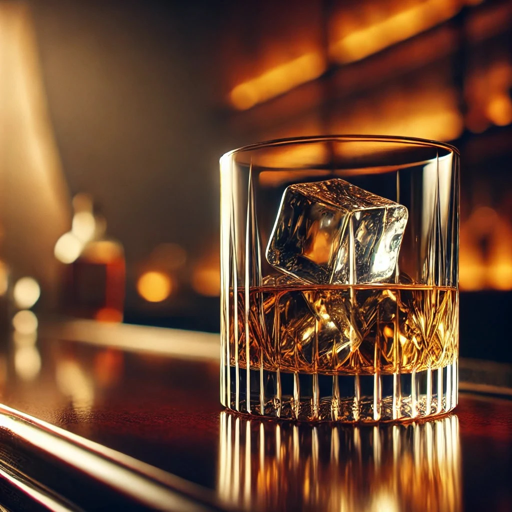 Copo de cristal com whisky e gelo sobre balcão de madeira escura, iluminado por luz âmbar em ambiente de hotel sofisticado.