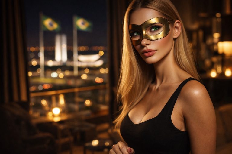 Close no olhar sedutor de uma acompanhante de luxo em Brasília, usando máscara dourada minimalista com fundo político discreto.
