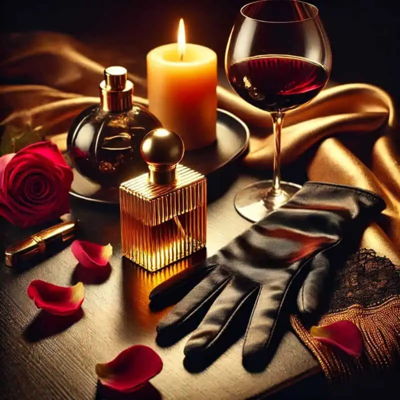 Detalhes sensoriais de um encontro de luxo: vela acesa, vinho tinto, pétalas de rosa e luva de cetim - um cenário preparado para a intimidade sofisticada.