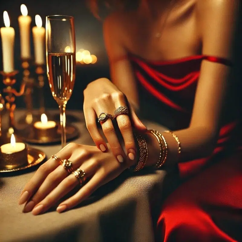 mãos femininas com joias douradas em jantar de luxo – perguntas para acompanhante de luxo