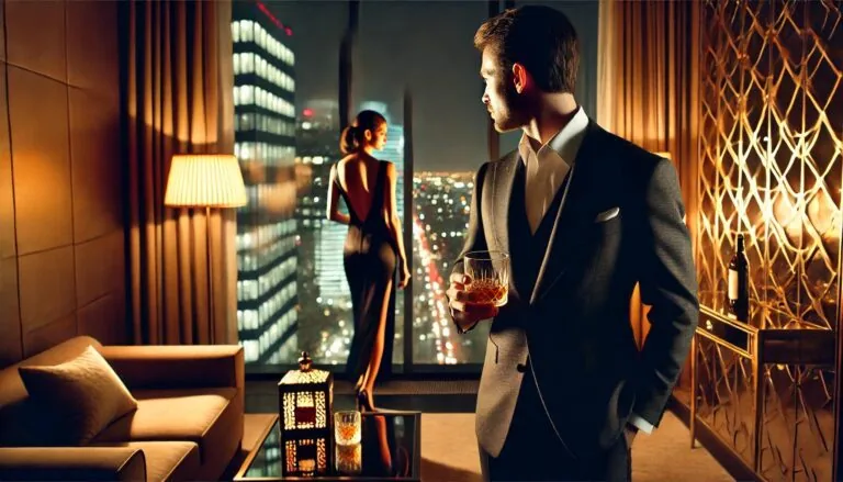Homem elegante em suíte de luxo vivendo uma experiência exclusiva com acompanhante - exemplo real das melhores dicas para clientes de acompanhantes