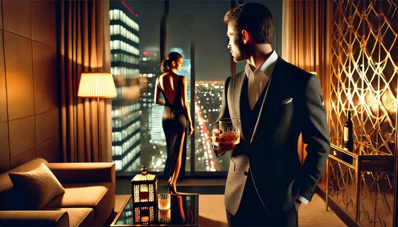 Homem elegante em suíte de luxo vivendo uma experiência exclusiva com acompanhante - exemplo real das melhores dicas para clientes de acompanhantes