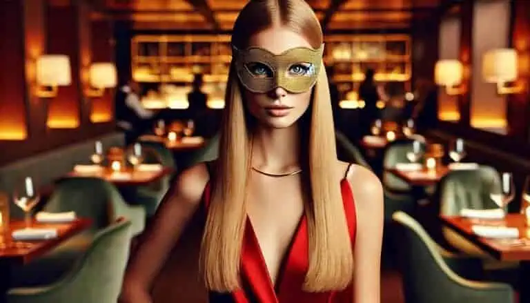 Inversão de Papéis em cena: musa loira de olhar penetrante, máscara dourada minimalista e vestido vermelho em ambiente de luxo - o domínio começa no mistério.