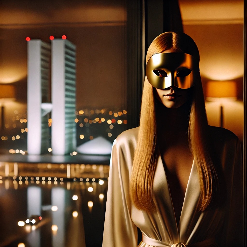 Acompanhante VIP refletida em janela de hotel de luxo em Brasília, usando máscara dourada minimalista e vestido elegante.