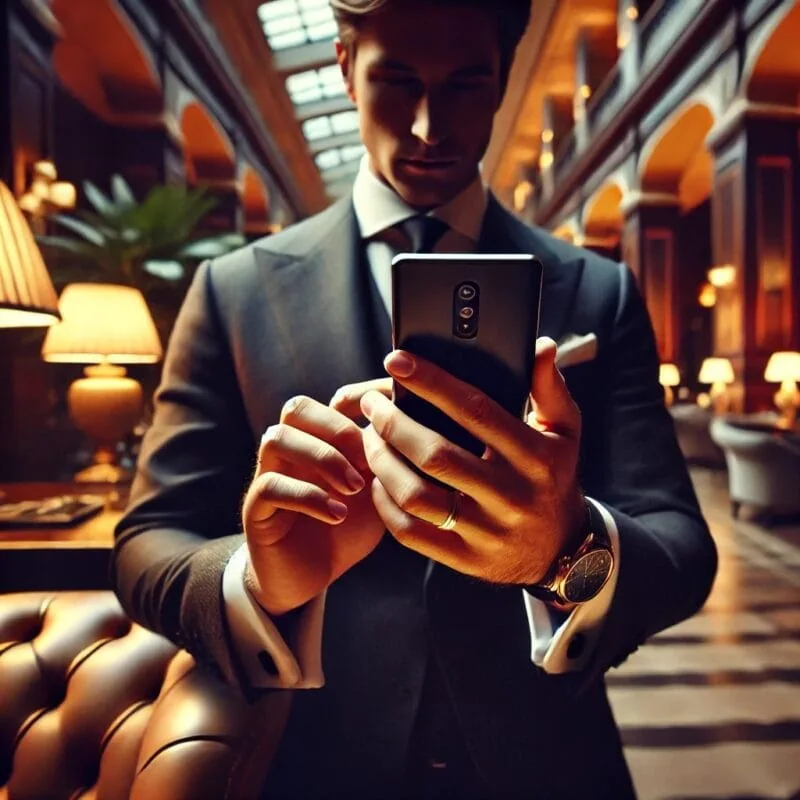 Homem usando celular em espaço de luxo com total discrição e postura segura.