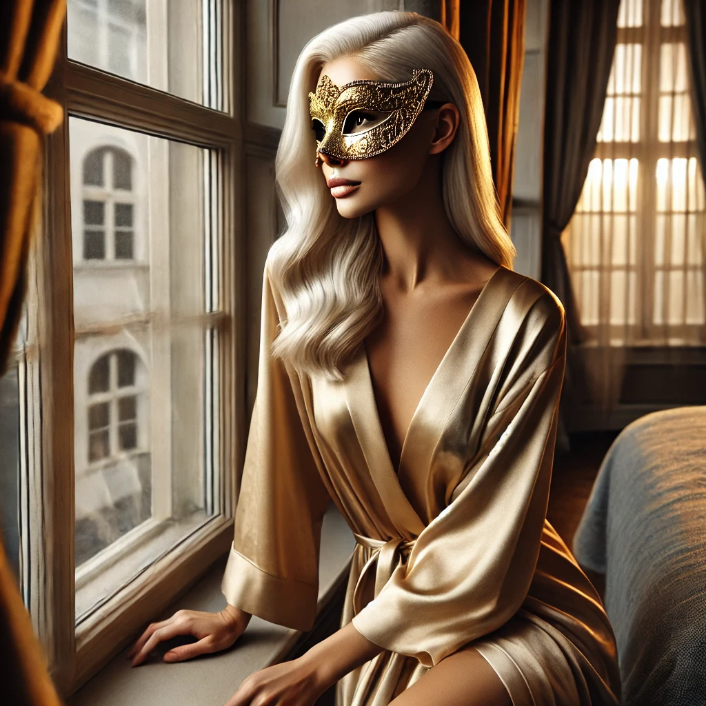 Mulher elegante à janela em quarto luxuoso, preparando-se para um momento íntimo e sensorial