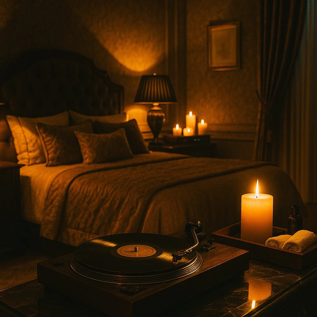 Ambiente com velas, luz baixa e música suave para estimulação sensorial e intimidade física