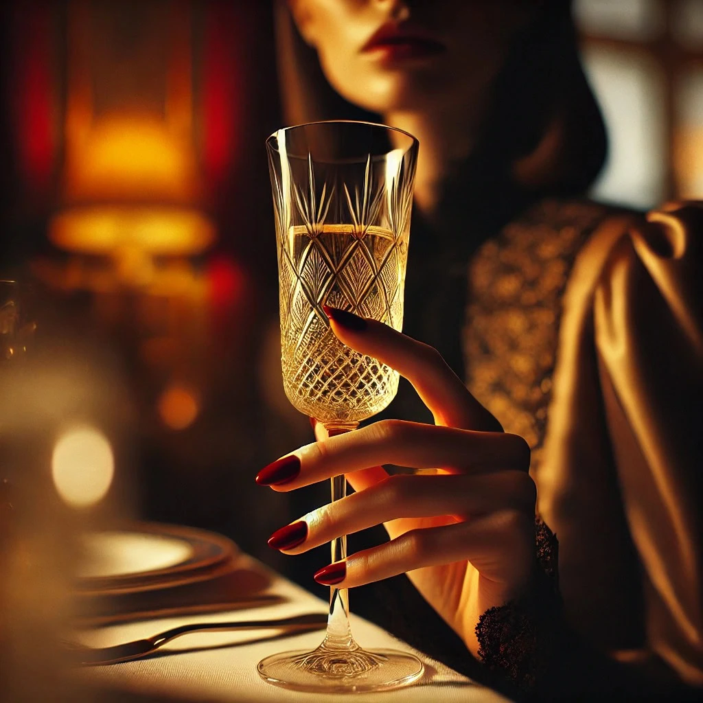 Mão feminina com esmalte vermelho segurando taça de cristal em um jantar luxuoso - um instante da rotina de uma acompanhante de luxo.