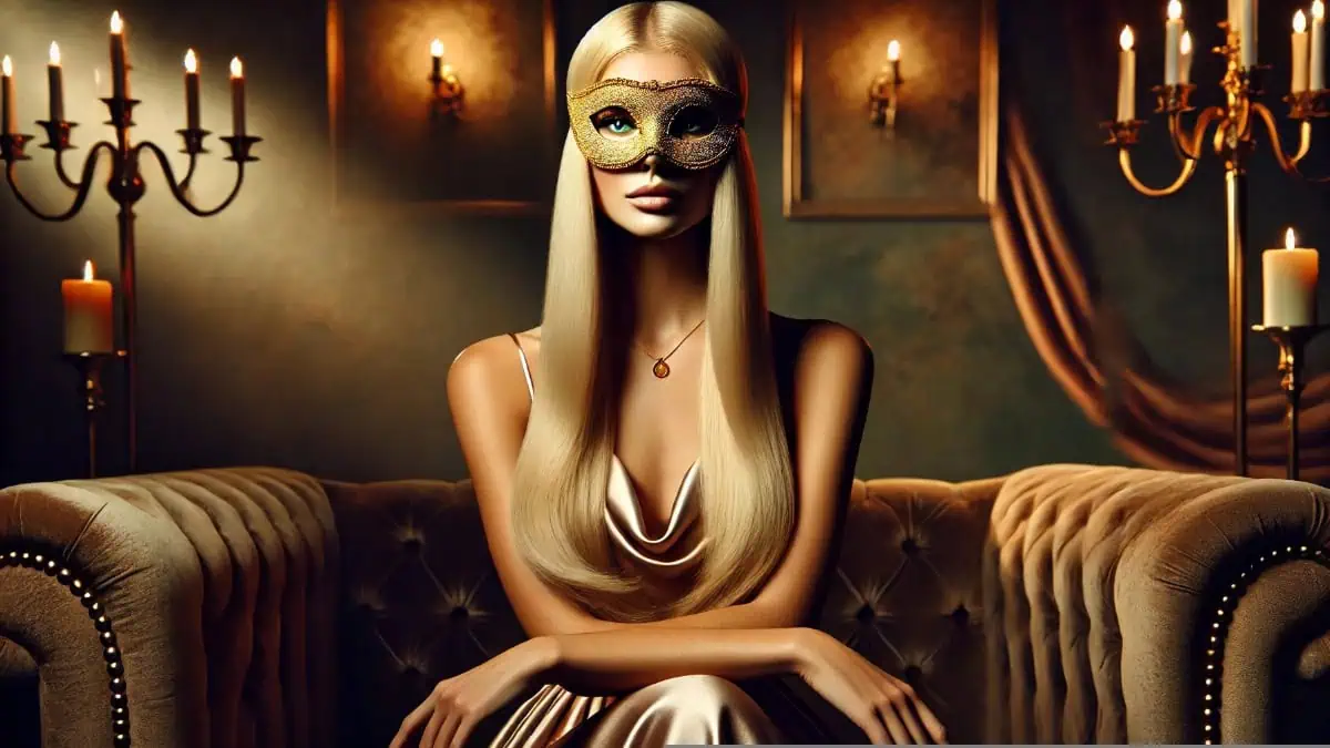 Mulher loira elegante usando máscara dourada, representando fantasias de dominação em um ambiente luxuoso e intimista