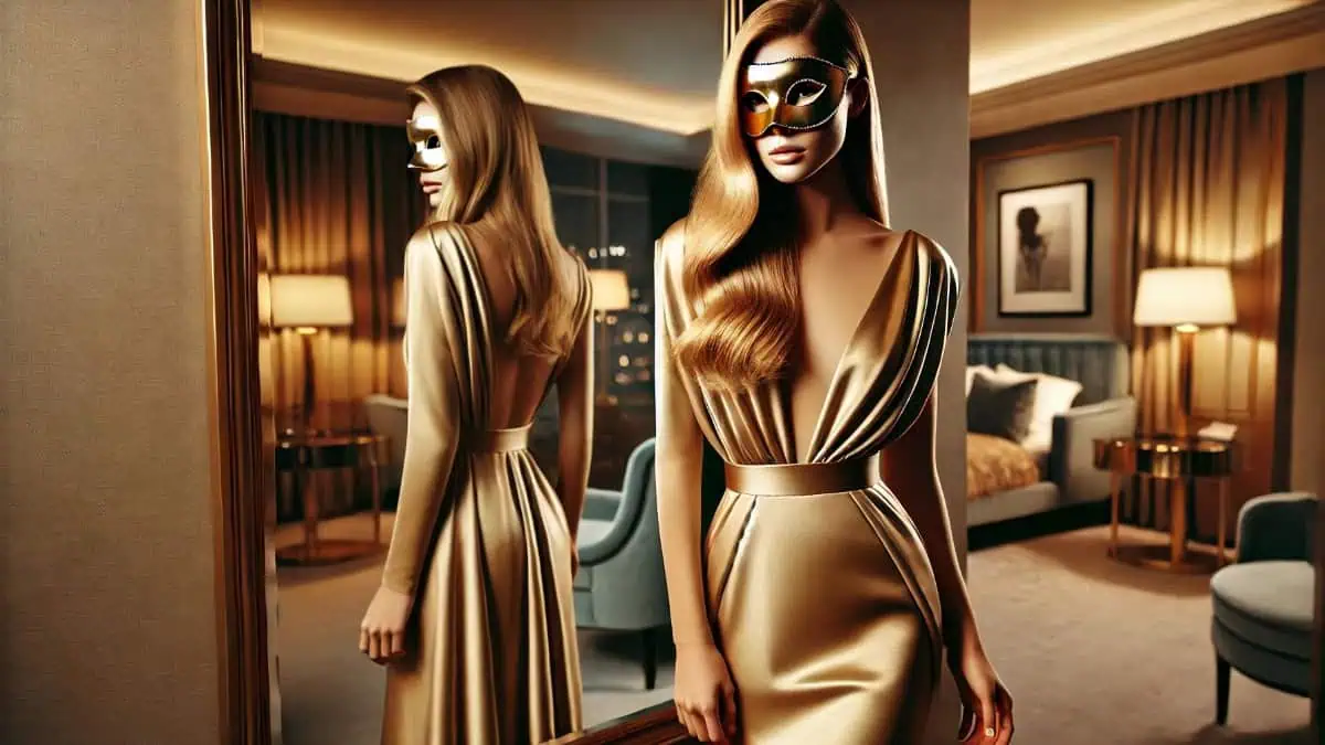 Mulher loira elegante de vestido dourado em hotel de luxo, preparando-se para uma fantasia erótica sofisticada com o parceiro.
