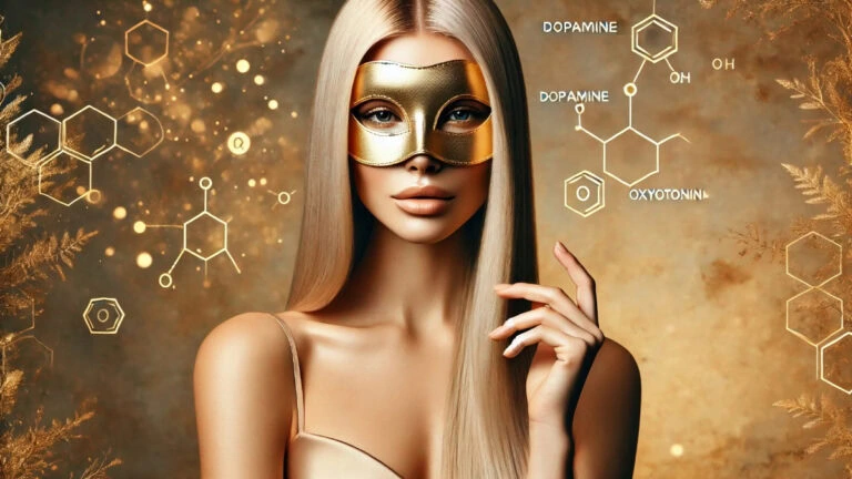 Mulher sensual e elegante com máscara dourada em fundo luxuoso, representando os hormônios do prazer feminino como dopamina e ocitocina - conceito visual de sedução, química e poder feminino.