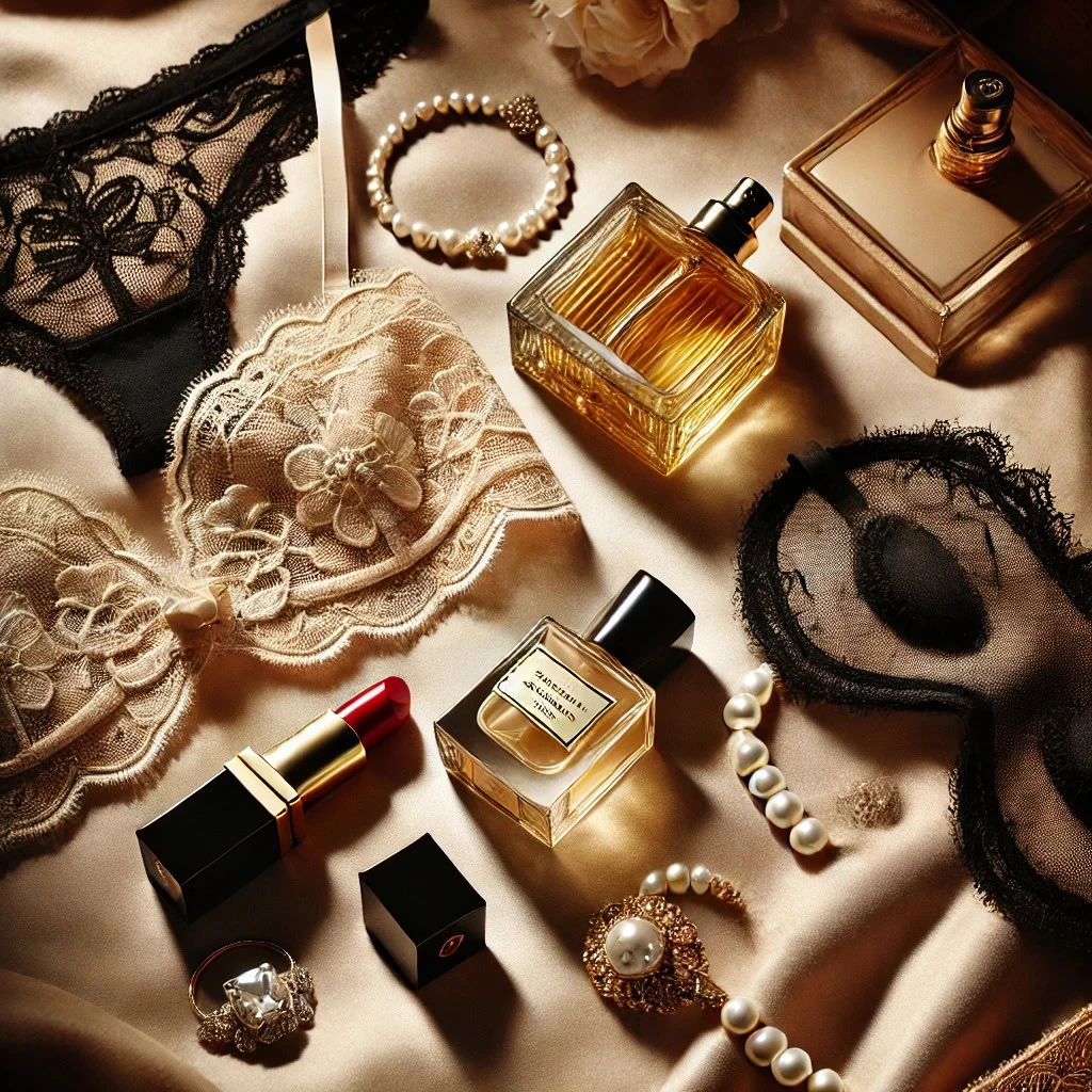 Lingerie de renda, perfume, batom vermelho e joias sobre seda - os detalhes da preparação íntima na rotina de uma acompanhante de luxo.