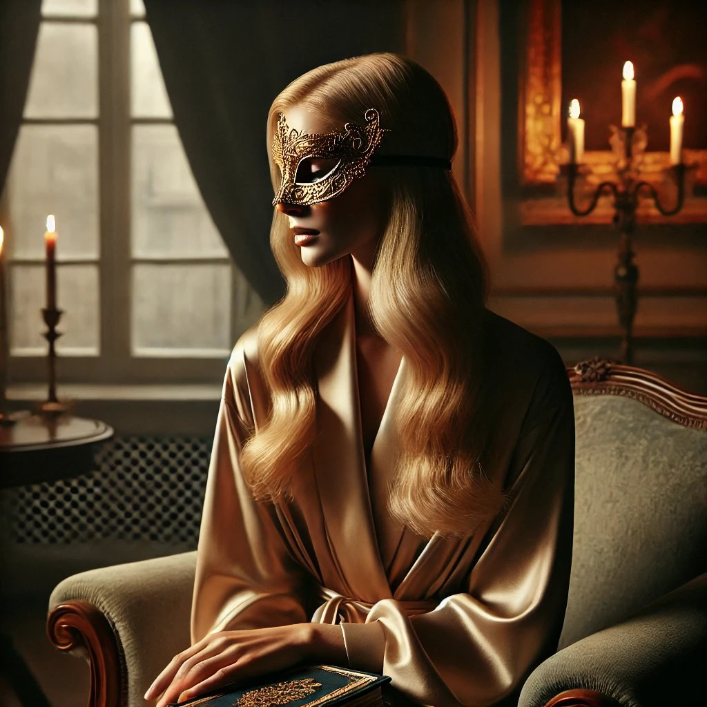 Mulher loira com máscara dourada sentada em silêncio com um diário nas mãos, em ambiente luxuoso e à luz de velas - momento íntimo na rotina de uma acompanhante de luxo.