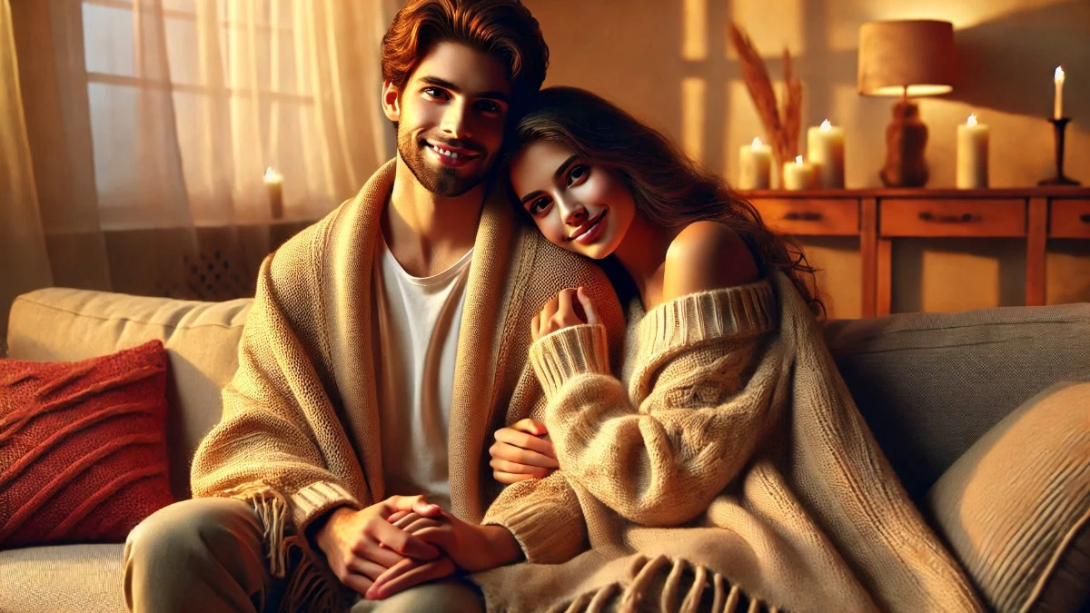Casal feliz aninhado no sofá, em clima quente e íntimo, simbolizando o aftercare e o fortalecimento do vínculo depois do prazer.
