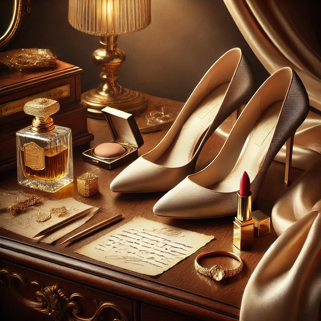 Cena refinada com sapatos de salto alto, batom vermelho, perfume e joias sobre uma penteadeira vintage - representação visual do ritual de como ser sexy com elegância e sofisticação