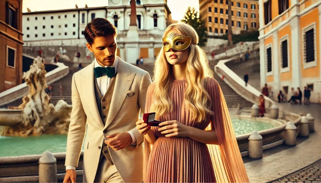 casal elegante diante da Fontana di Trevi em Roma, encenando conexão profunda entre desejo e presença emocional