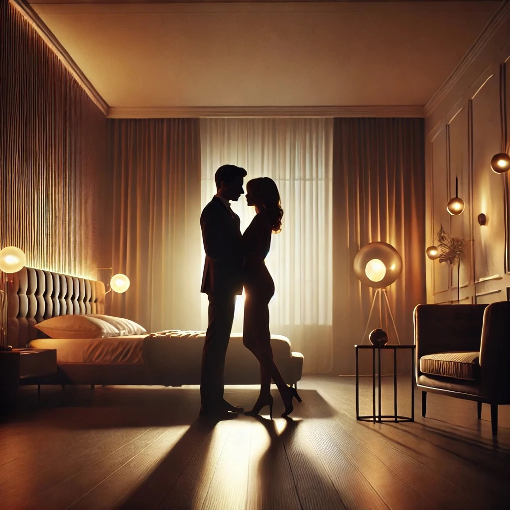 Casal em clima íntimo vivendo sua primeira noite em motel com conexão e romantismo