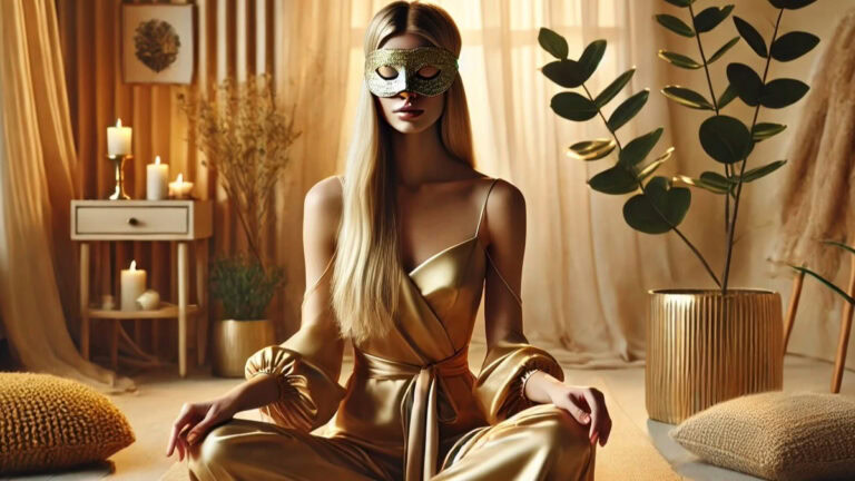 Mulher loira com olhos verdes em traje dourado, sentada em posição de meditação num ambiente elegante com velas e plantas - símbolo de mindfulness sexual, luxo e presença plena.
