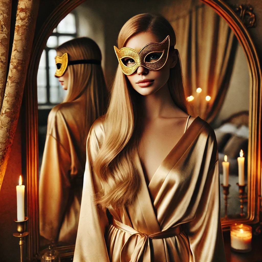 Mulher loira de 25 anos com olhos verdes e robe dourado diante de espelho antigo - símbolo da consciência sensual e da conexão mente-corpo no mindfulness sexual.