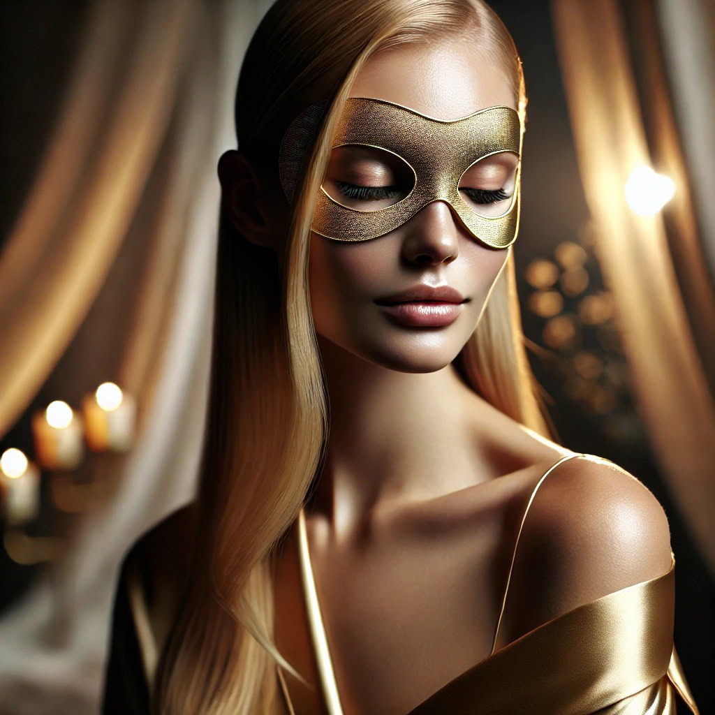 Retrato close-up de uma mulher loira com olhos fechados, expressão serena e máscara dourada - simbolizando a respiração consciente, presença e sensualidade no mindfulness sexual.