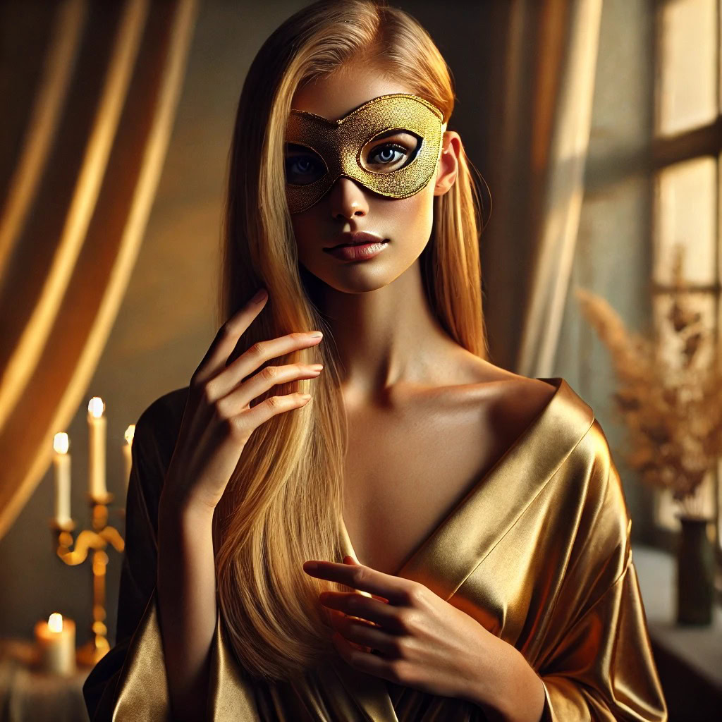 Mulher loira com olhos verdes e robe dourado diante de uma janela iluminada - expressão de autoconfiança, renascimento sensual e transformação interior no mindfulness sexual.