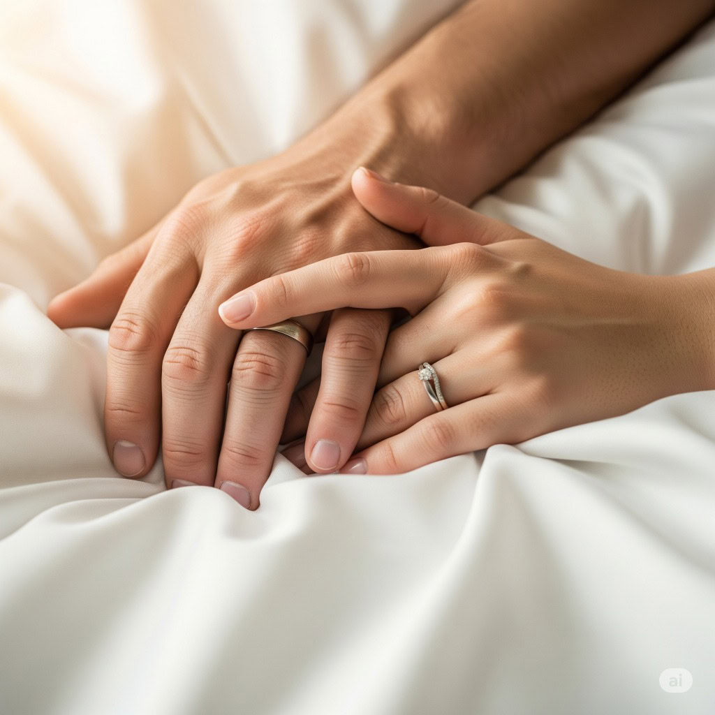 Mãos de um casal entrelaçadas sobre lençóis de seda, simbolizando o cuidado, a intimidade e a conexão do aftercare.