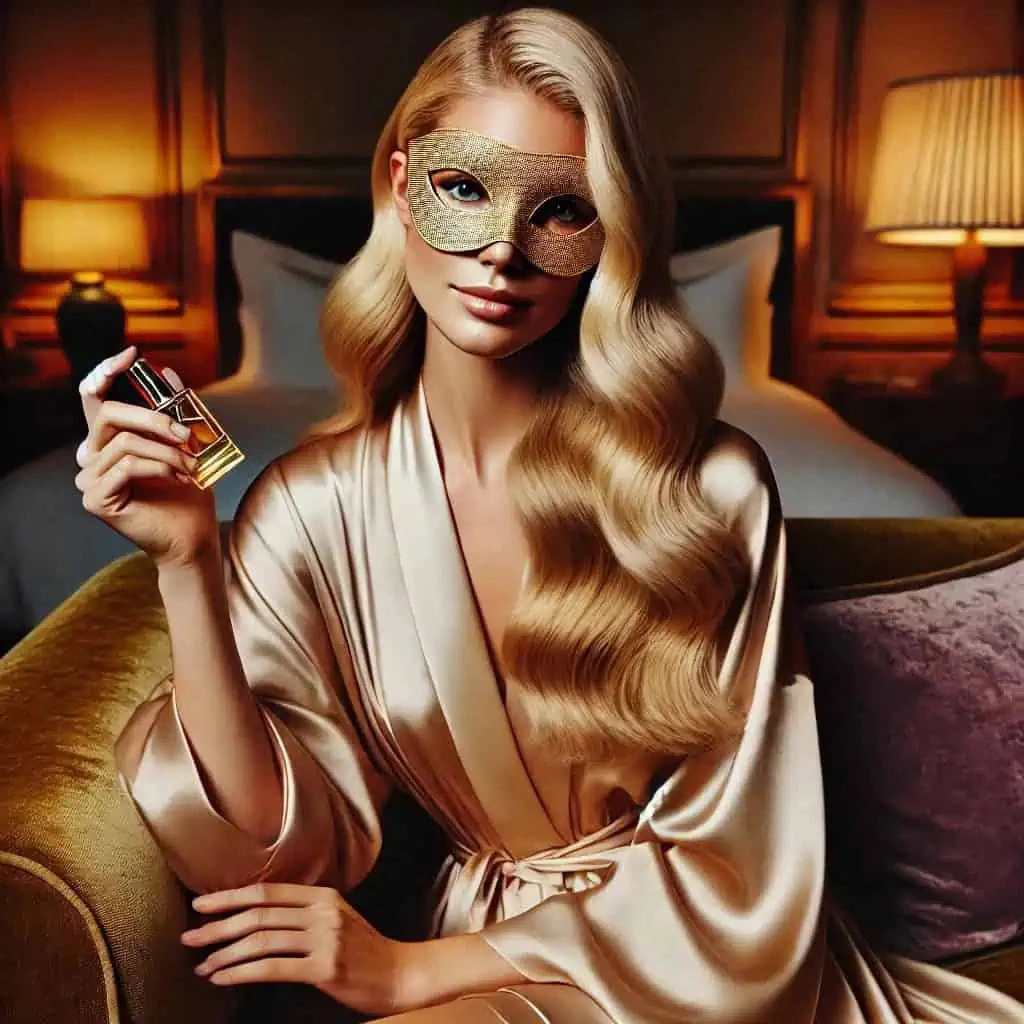 O branding sensual como alma de um império digital para acompanhantes de luxo: Isa segura um perfume, simbolizando a aura e a essência da marca.