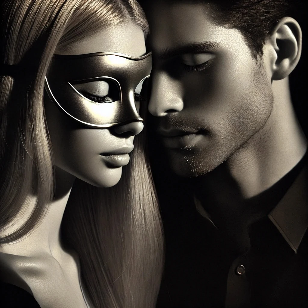 Um homem e uma mulher, com a mulher usando uma elegante máscara dourada, em um momento íntimo de testa a testa, simbolizando a conexão e a presença essencial para um sexo oral gratificante.