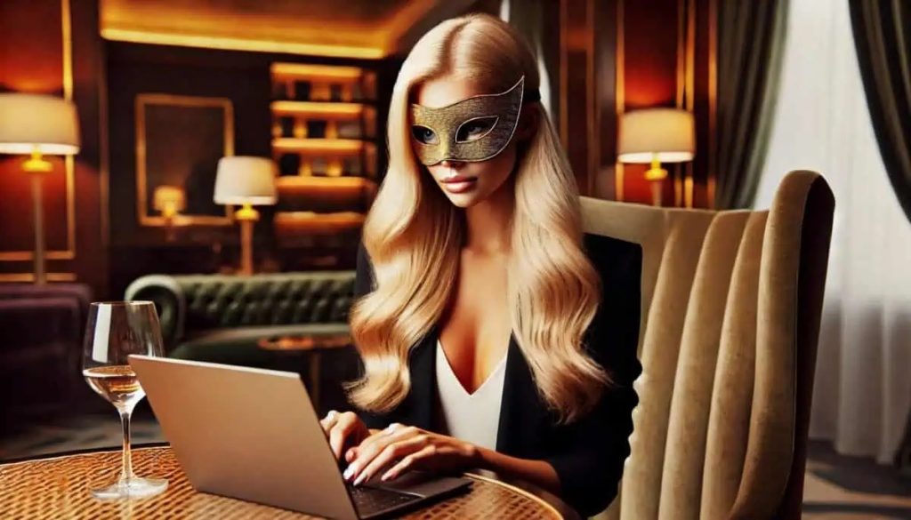 Isa, estrategista, construindo seu império digital para acompanhantes de luxo em um ambiente sofisticado, simbolizando poder e marketing de luxo.