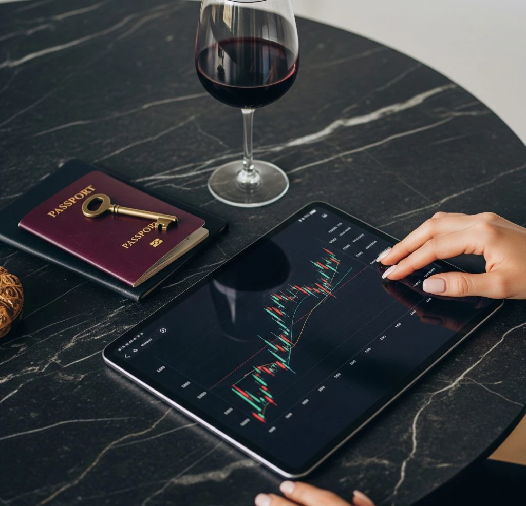 Flat lay de luxo com tablet, passaporte e chave, simbolizando os investimentos e a diversificação de portfólio na inteligência financeira para acompanhantes.
