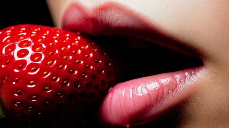 Close-up de lábios sensuais mordendo uma fragola, uma imagem que evoca o prazer e a descoberta das melhores posições para sexo oral.